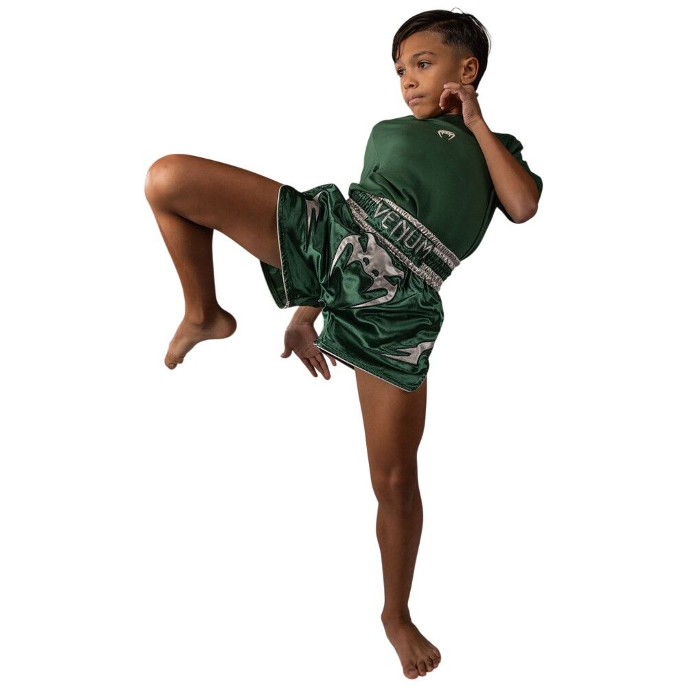 VENUM INFERNO FOREST GREEN/OFF WHITE KIDS MUAY THAI SHORTS FITNESS