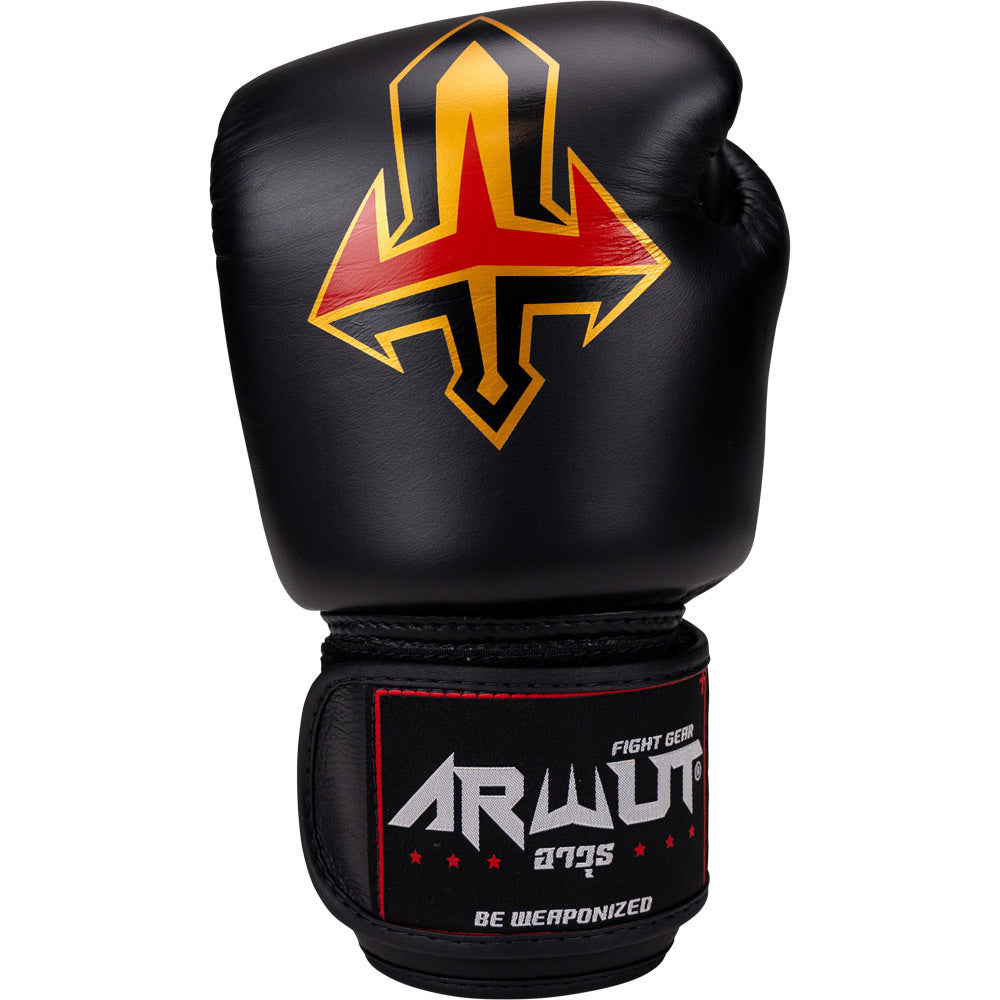 ARWUT FIGHT GEAR BLACK LEATHER MUAY THAI GLOVES FITNESS