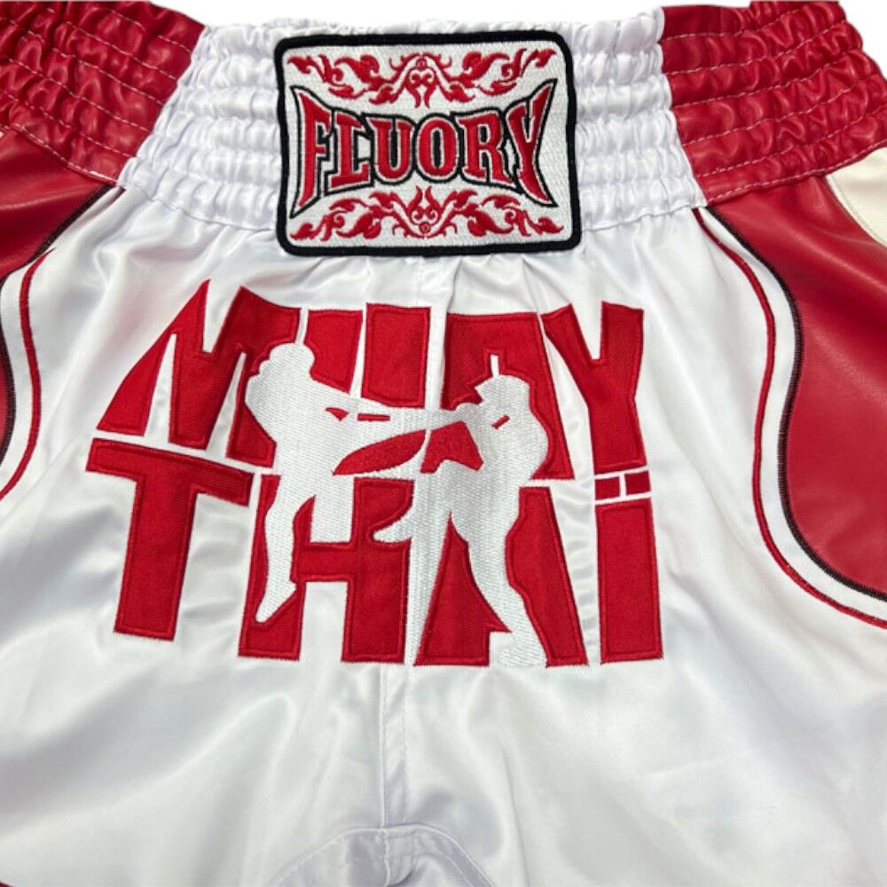 FLUORY WHITE/RED MUAY THAI SHORTS FITNESS