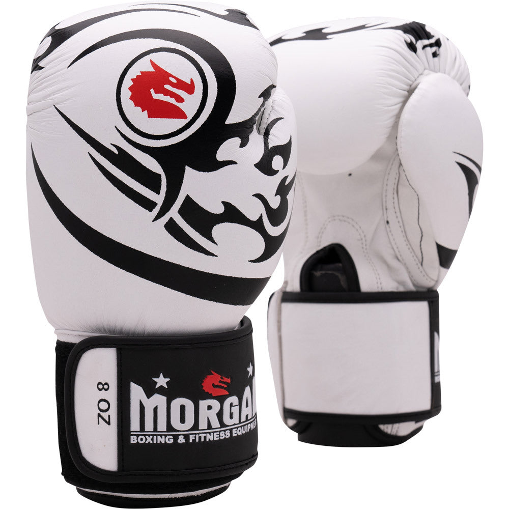 MORGAN ELITE BOXING & MUAY THAI WHITE LEATHER GLOVES FITNESS