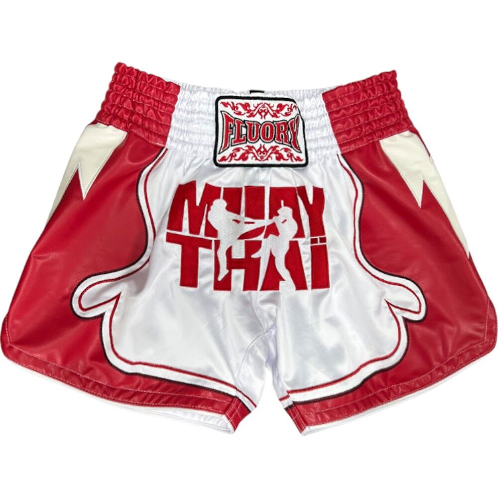 FLUORY WHITE/RED MUAY THAI SHORTS FITNESS