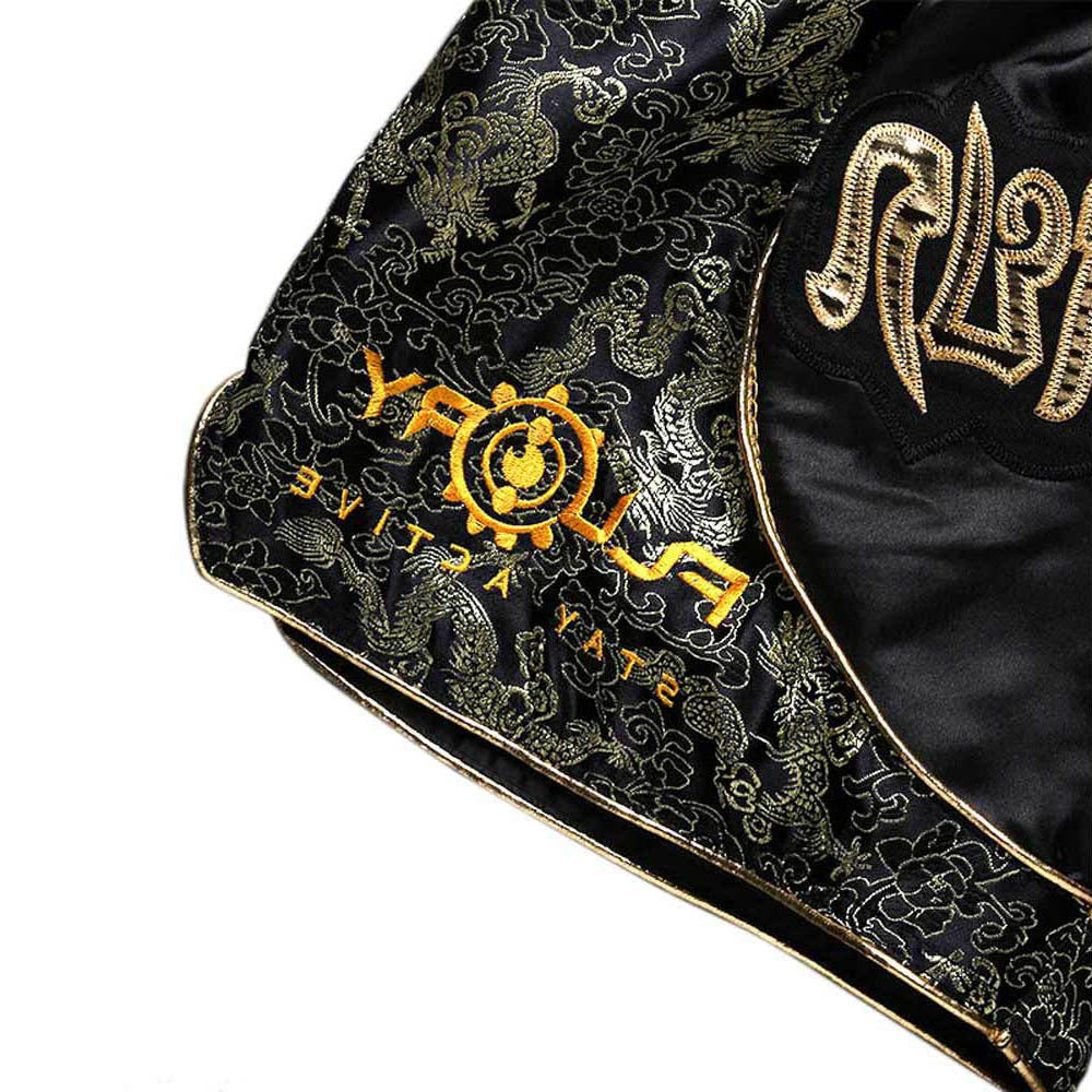 FLUORY DRAGON BLACK/GOLD MUAY THAI SHORTS FITNESS