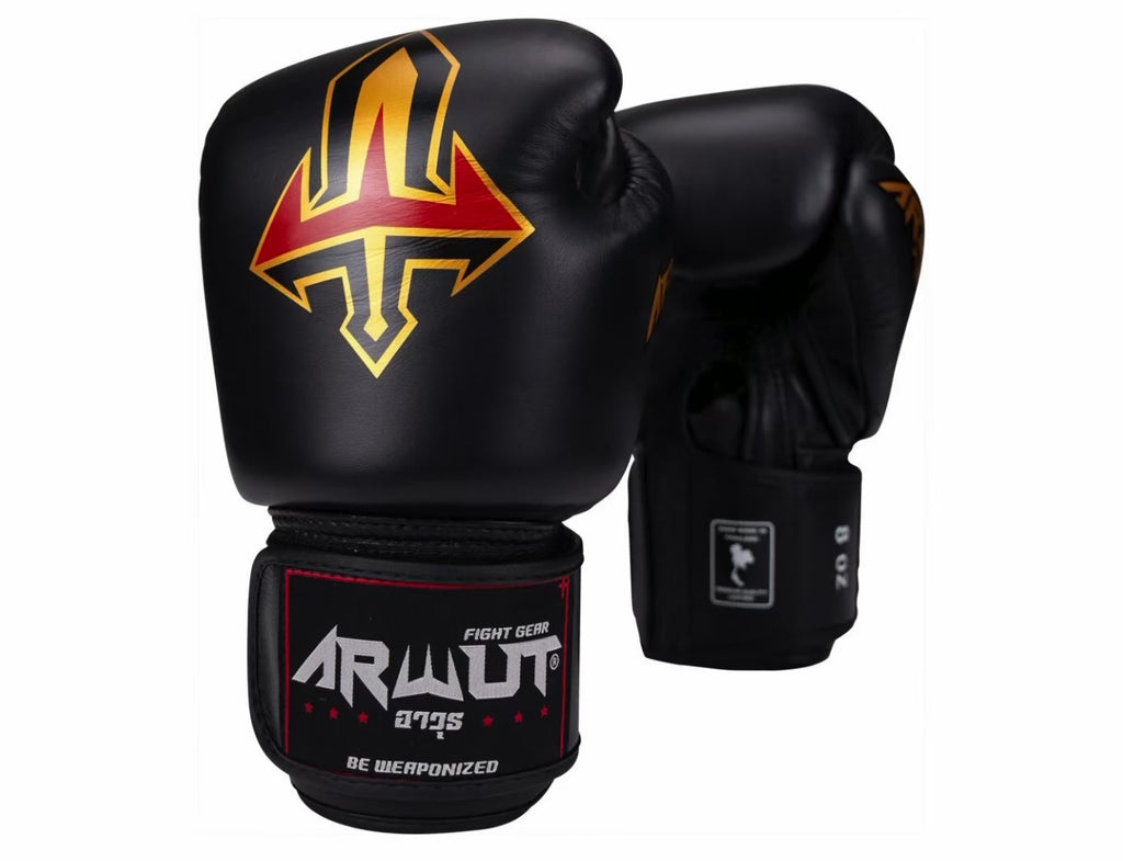 ARWUT FIGHT GEAR BLACK LEATHER MUAY THAI GLOVES FITNESS
